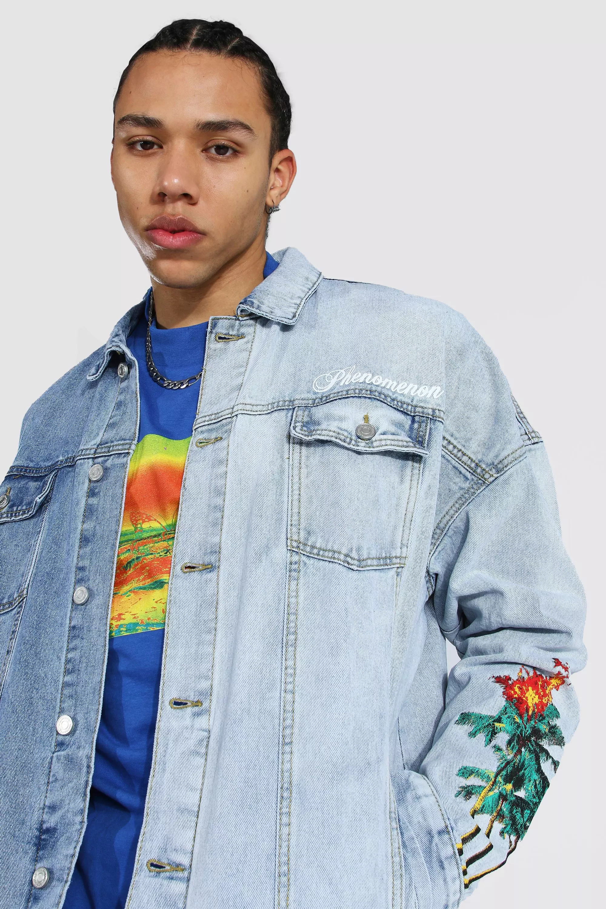 Tall Oversized Spliced Palm Tree Denim Jacket